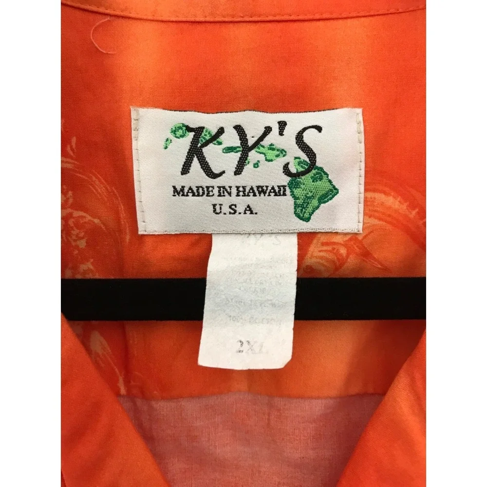 Vintage KY'S Hawaiian Button Up Shirt Mens 2XL Orange Marlin Fish Aloha Tiki USA